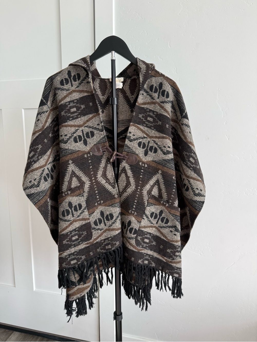 Jolt Brown and Black Aztec Hooded Poncho with Fringe